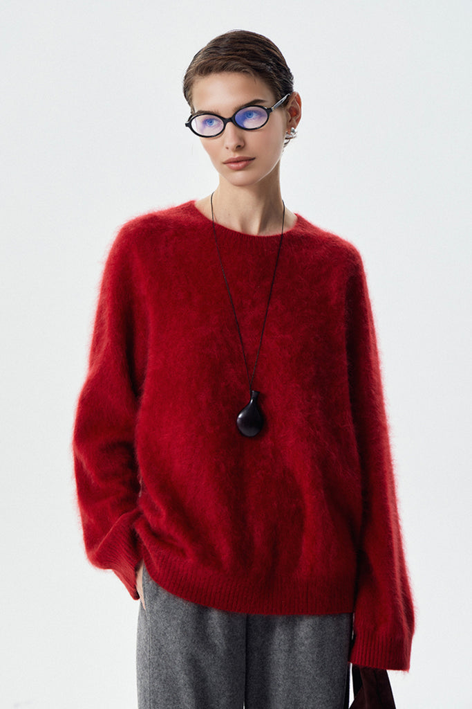Brushed Cashmere Seamless Knit Crewneck Sweater Cherry Red / M / 100% Cashmere (Weight: 230g (±20g Fibflx