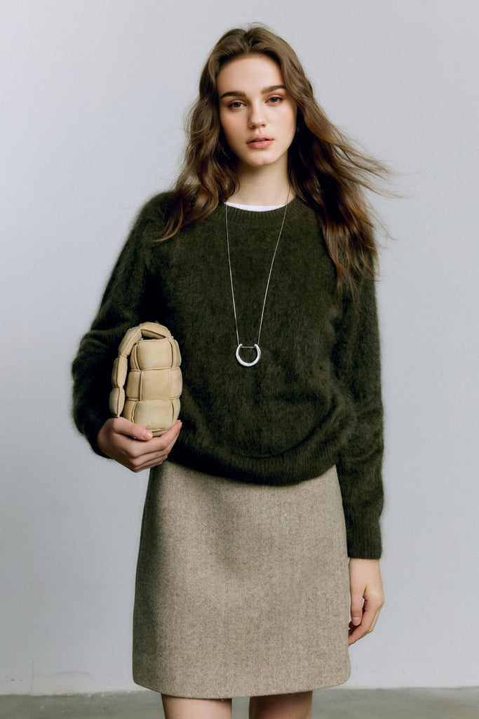 Brushed Cashmere Seamless Knit Crewneck Sweater Glass Green / M / 100% Cashmere (Weight: 230g (±20 Fibflx