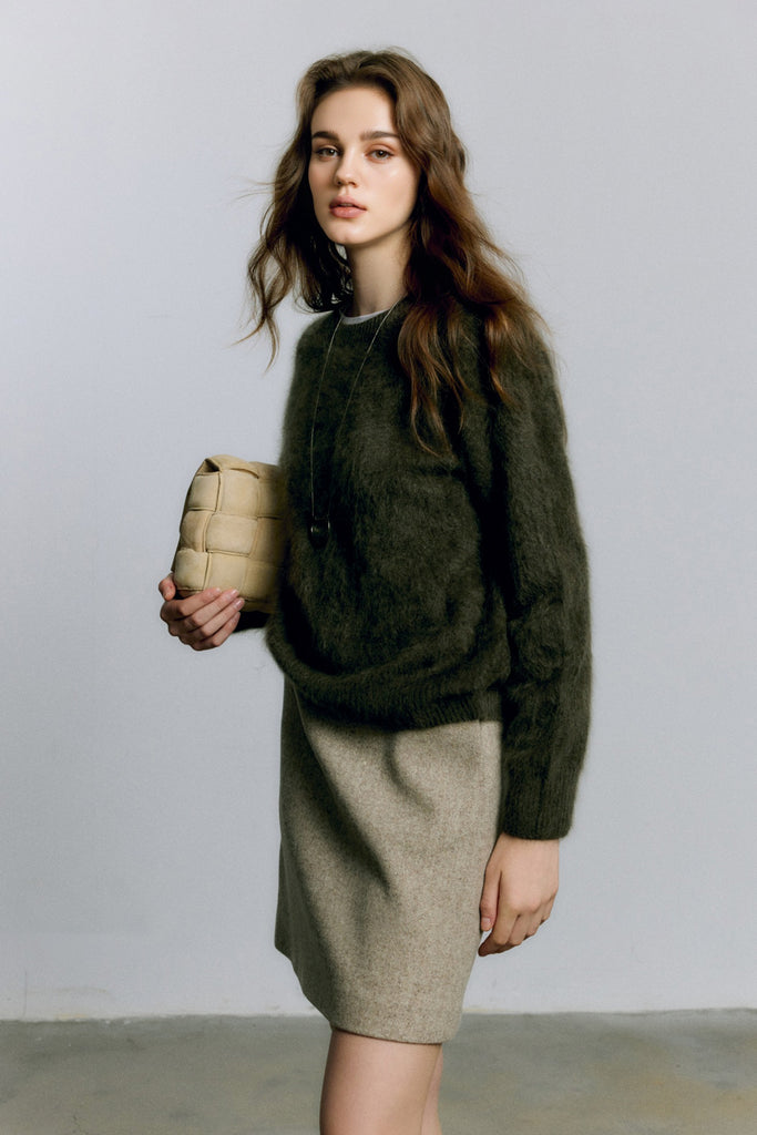 Brushed Cashmere Seamless Knit Crewneck Sweater  Fibflx