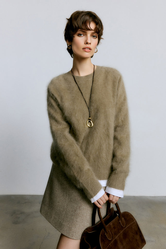 Brushed Cashmere Seamless Knit Crewneck Sweater Lime Sherbet Green / M / 100% Cashmere (Weight: 23 Fibflx