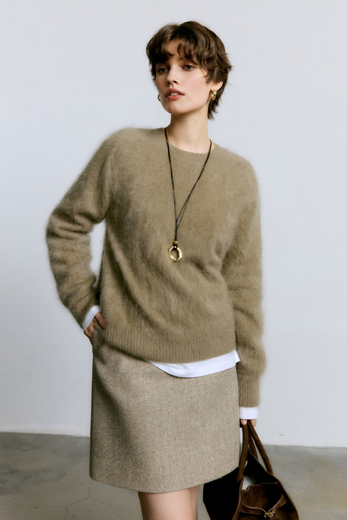 Brushed Cashmere Seamless Knit Crewneck Sweater  Fibflx