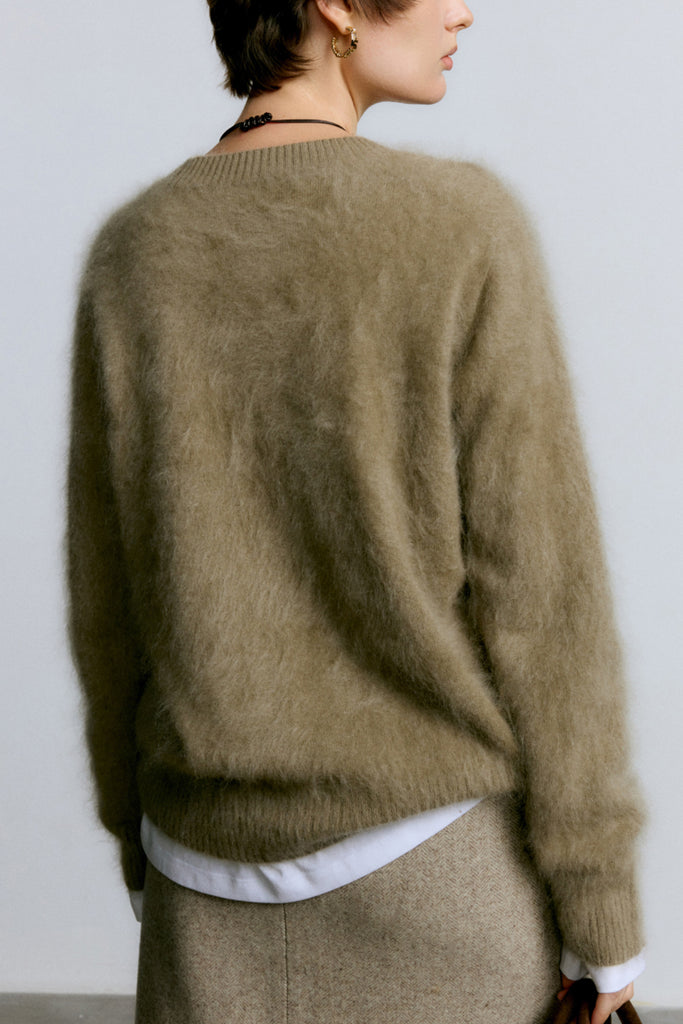 Brushed Cashmere Seamless Knit Crewneck Sweater  Fibflx