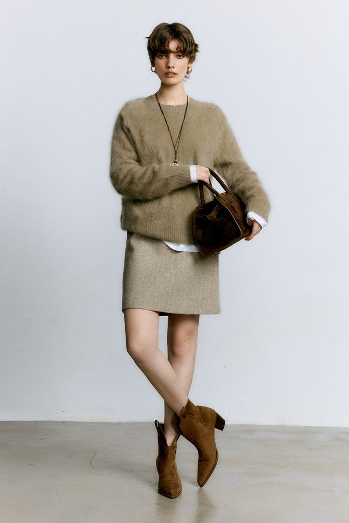 Brushed Cashmere Seamless Knit Crewneck Sweater  Fibflx