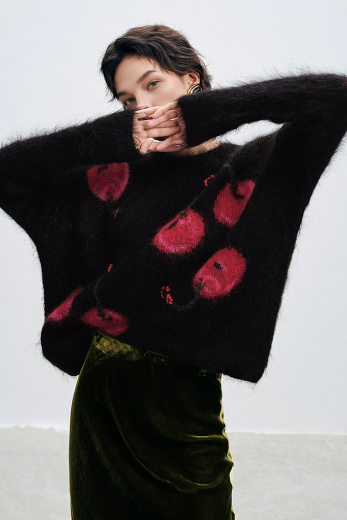 Brushed Cashmere Cherry Pattern Pullover Sweater Black / One Size Fibflx