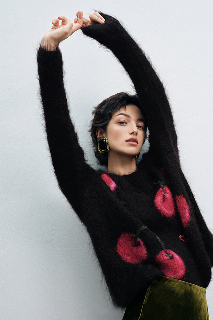 Brushed Cashmere Cherry Pattern Pullover Sweater  Fibflx