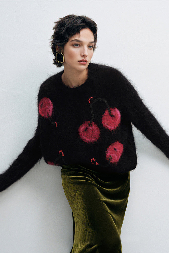 Brushed Cashmere Cherry Pattern Pullover Sweater  Fibflx
