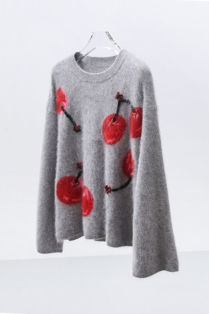 Brushed Cashmere Cherry Pattern Pullover Sweater Heather Grey / One Size Fibflx