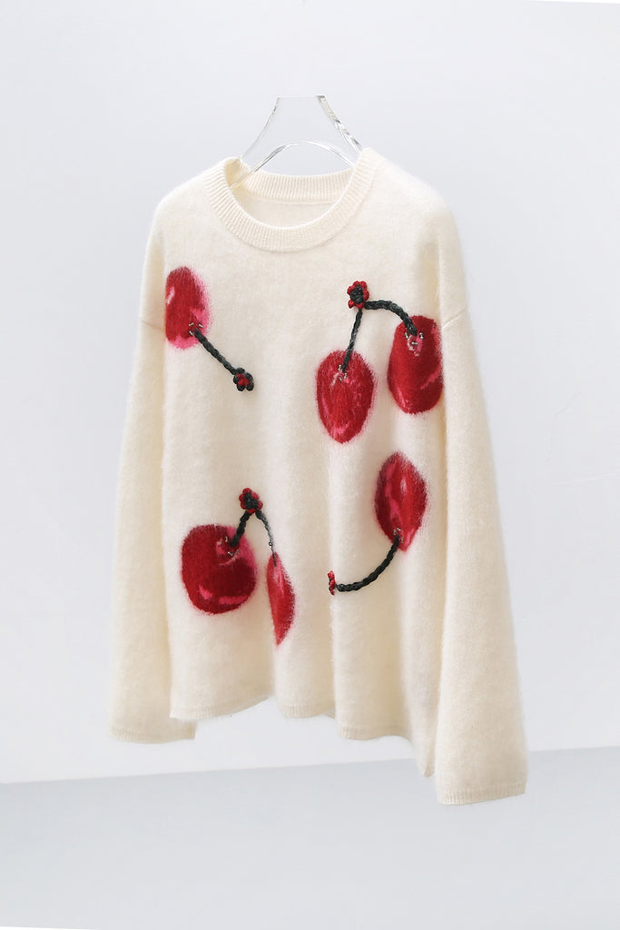 Brushed Cashmere Cherry Pattern Pullover Sweater Off White / One Size Fibflx