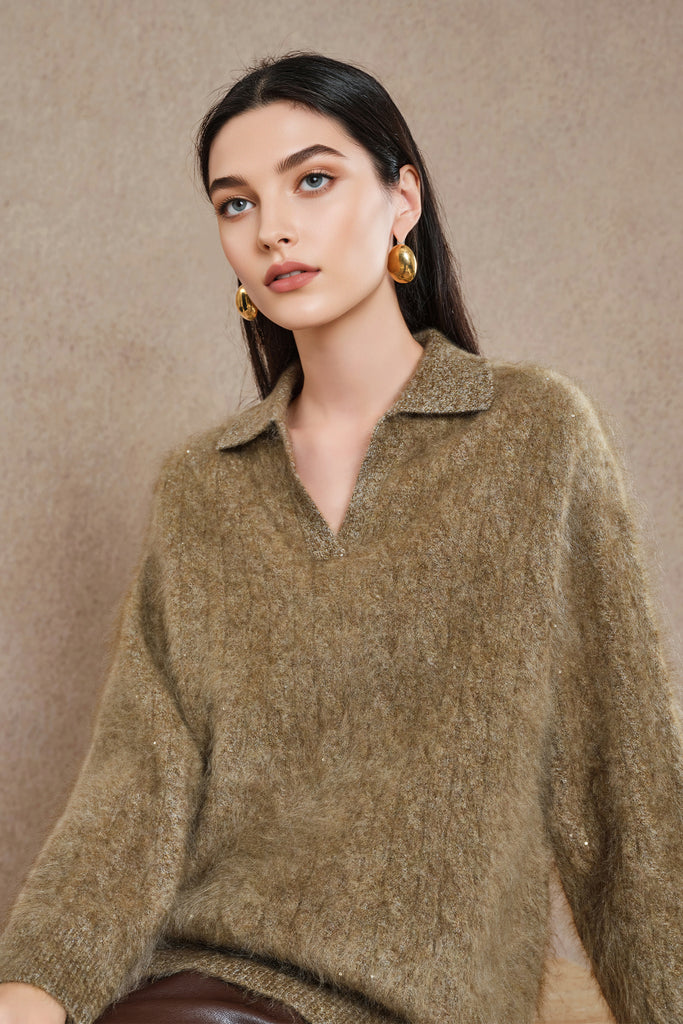 Brushed Cashmere Sequin Cable Polo Sweater in Top-Tier Italian Yarn  Fibflx