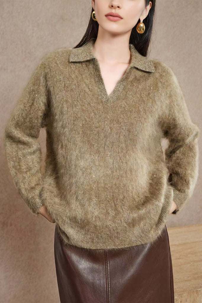 Brushed Cashmere Sequin Cable Polo Sweater in Top-Tier Italian Yarn  Fibflx