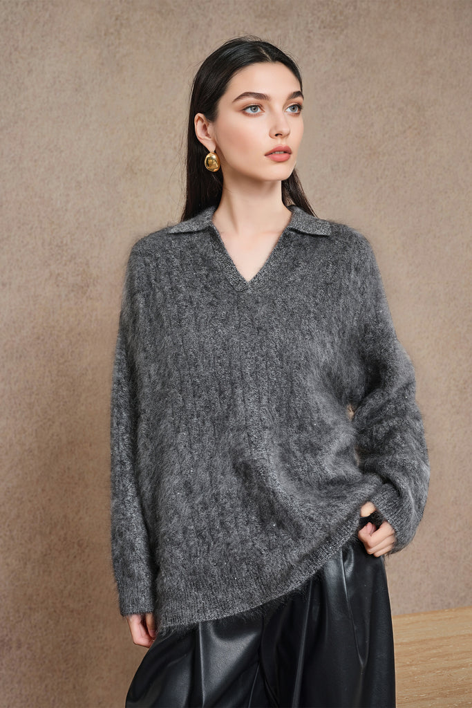 Brushed Cashmere Sequin Cable Polo Sweater in Top-Tier Italian Yarn  Fibflx