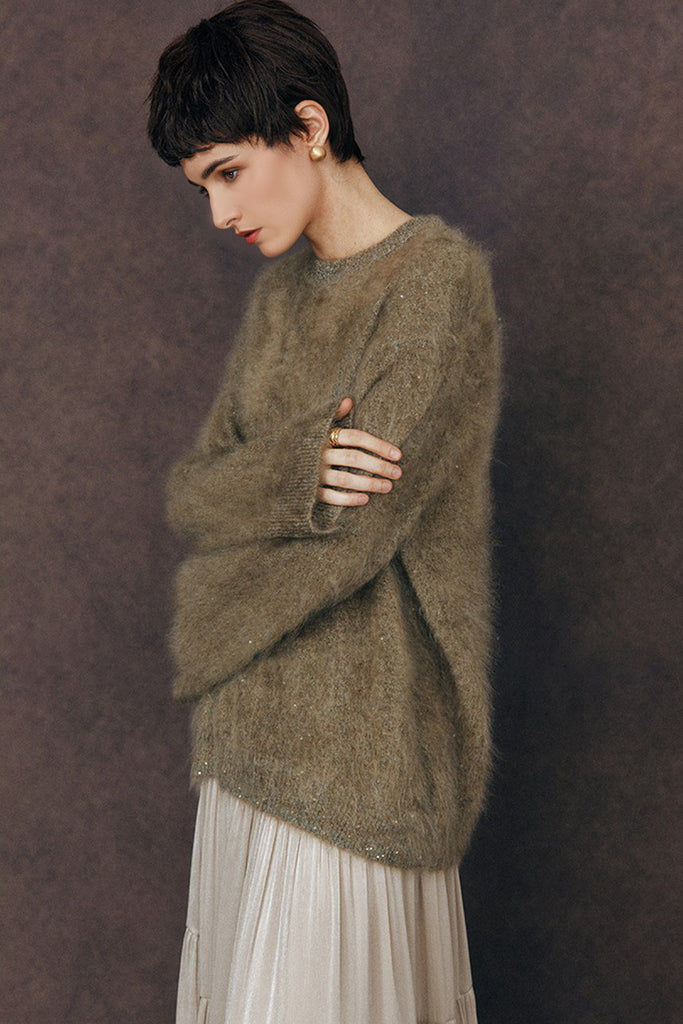 Brushed Cashmere Sequin Crewneck Sweater in Top-Tier Italian Yarn  Fibflx