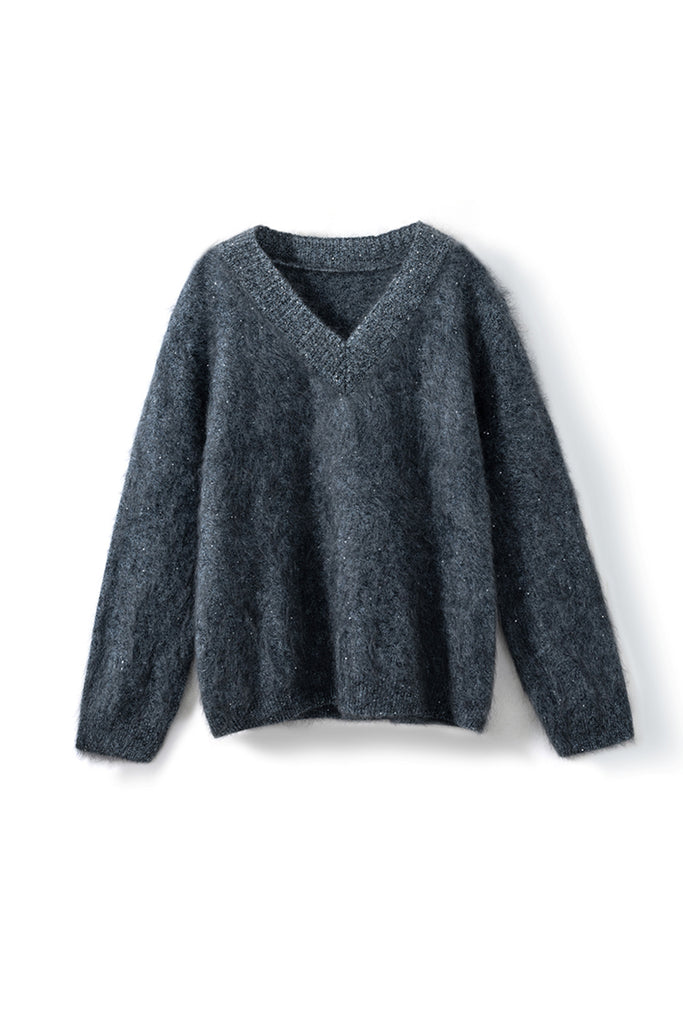 Brushed Cashmere Sequin V-Neck Sweater in Top-Tier Italian Yarn  Fibflx