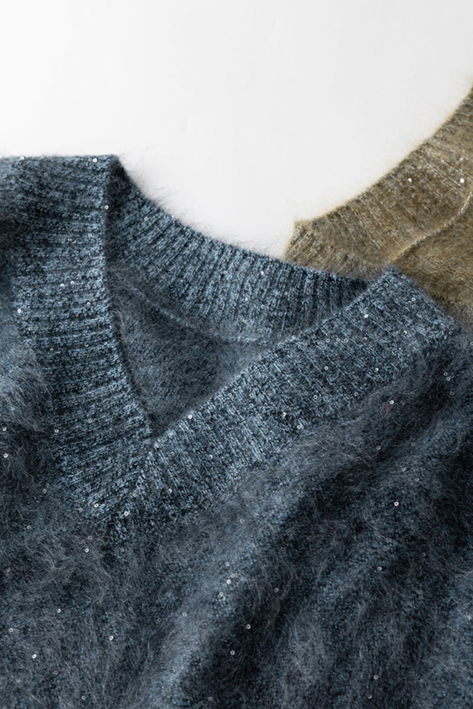 Brushed Cashmere Sequin V-Neck Sweater in Top-Tier Italian Yarn  Fibflx