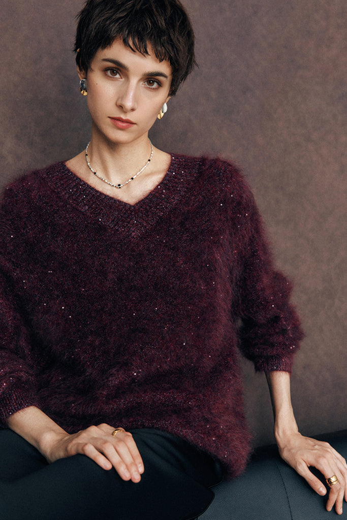 Brushed Cashmere Sequin V-Neck Sweater in Top-Tier Italian Yarn  Fibflx