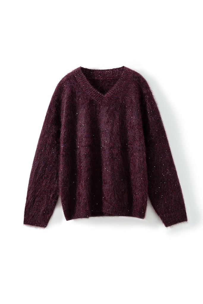 Brushed Cashmere Sequin V-Neck Sweater in Top-Tier Italian Yarn  Fibflx