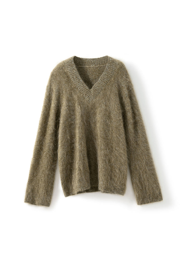 Brushed Cashmere Sequin V-Neck Sweater in Top-Tier Italian Yarn  Fibflx