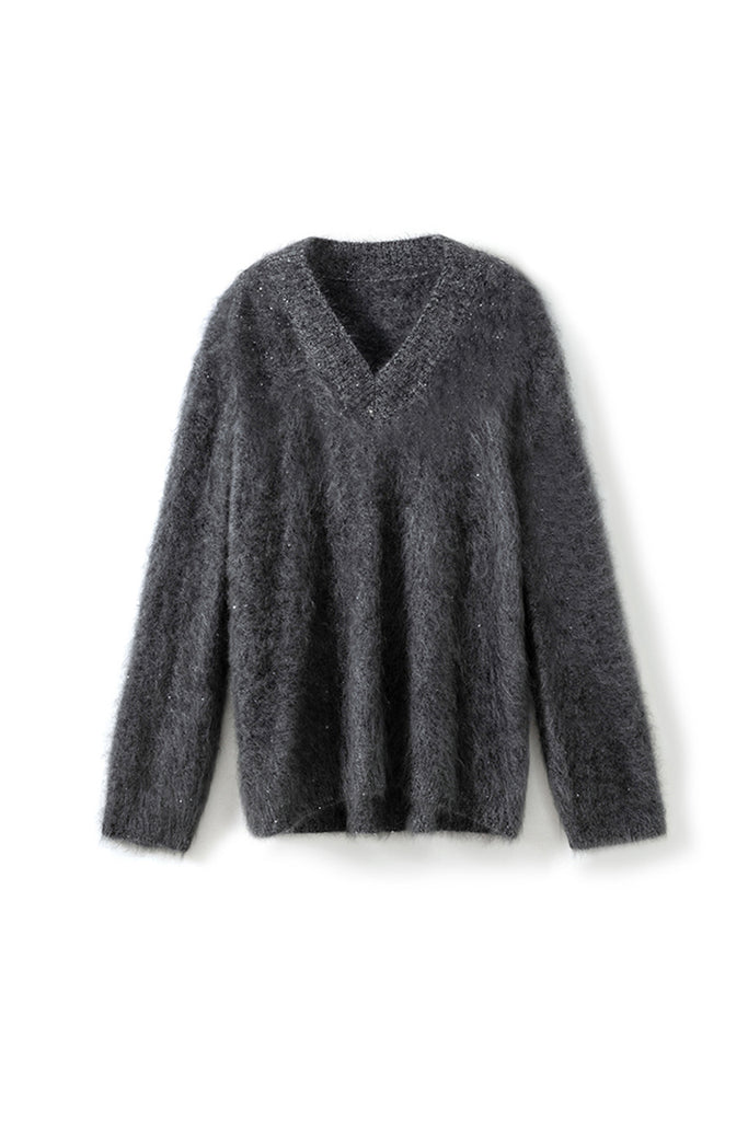Brushed Cashmere Sequin V-Neck Sweater in Top-Tier Italian Yarn  Fibflx