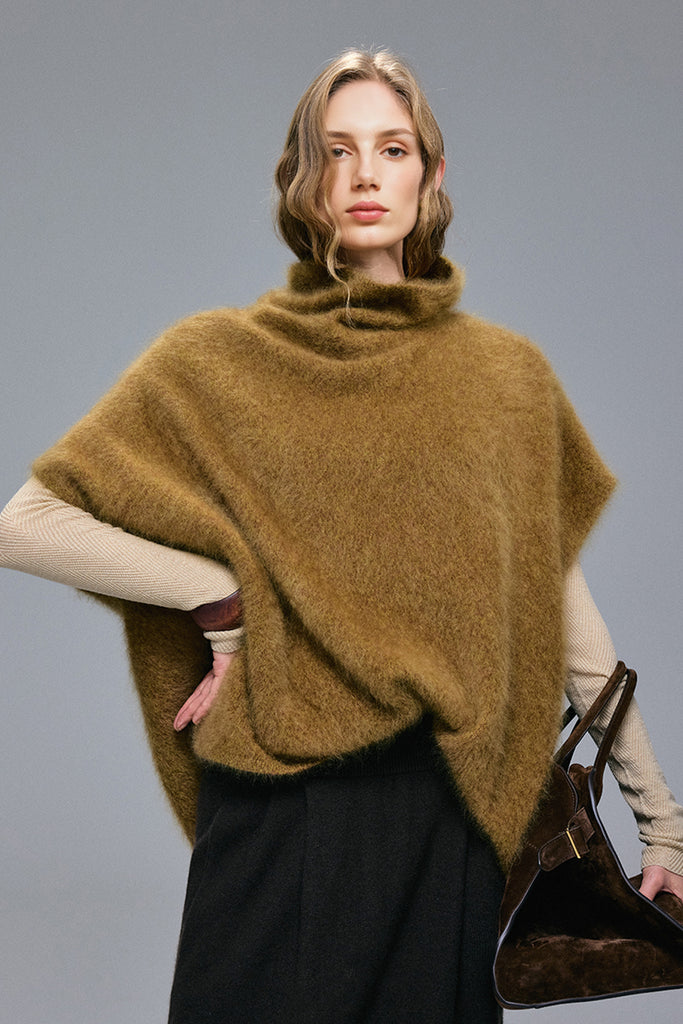 Brushed Cashmere Turtleneck Poncho Sweater Golden Brown / One Size Fibflx