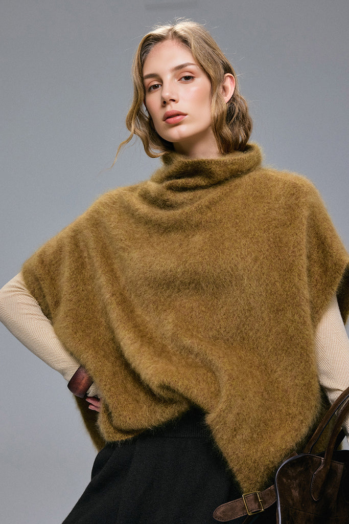 Brushed Cashmere Turtleneck Poncho Sweater  Fibflx