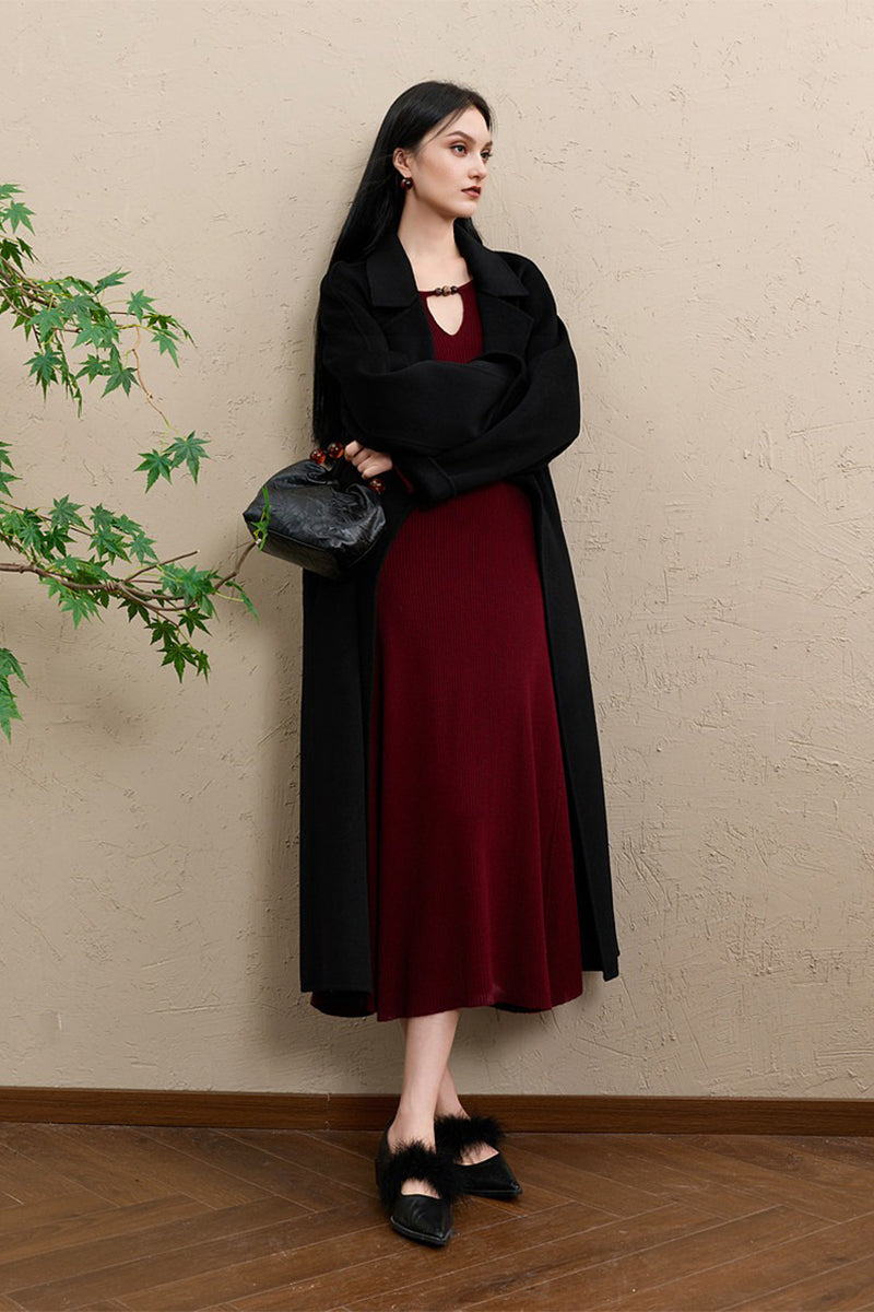 Burgundy Long Sleeve Keyhole Midi Sweater Dress Crimson Red / XS