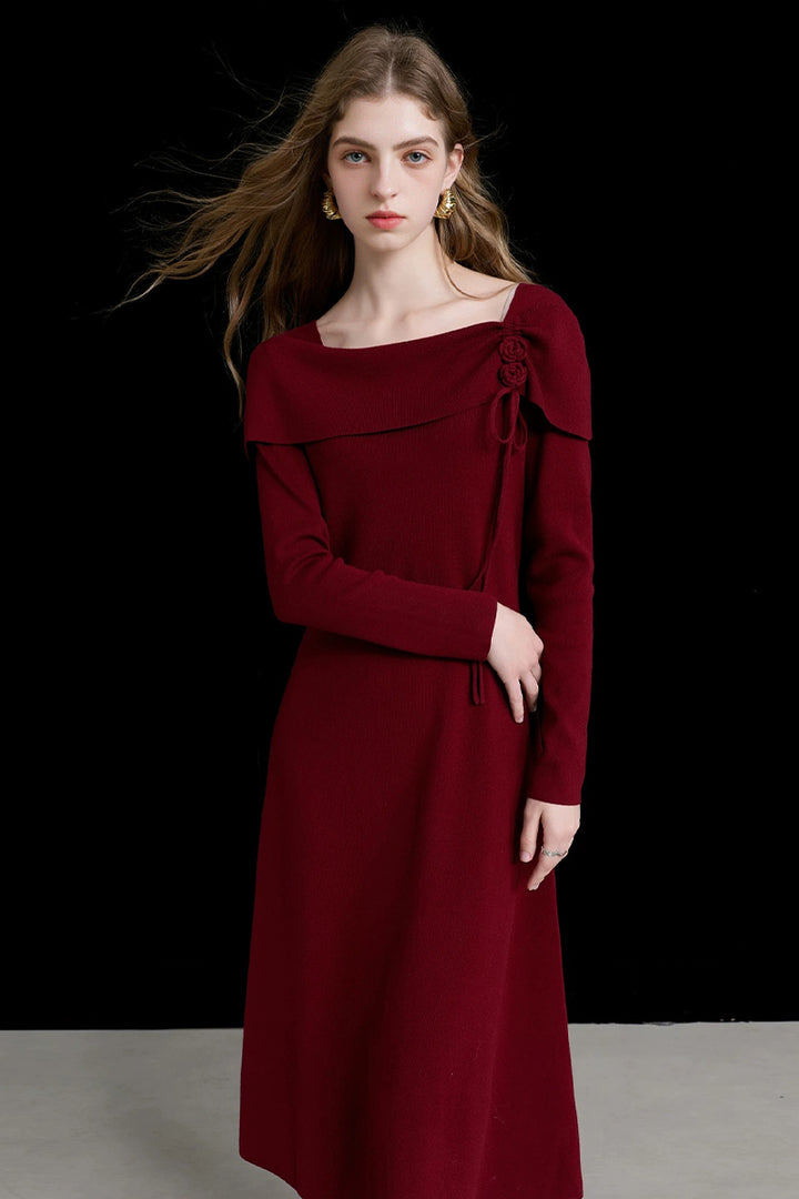 Burgundy Long Sleeve Square-Neck A-Line Sweater Dress Crimson Red / M
