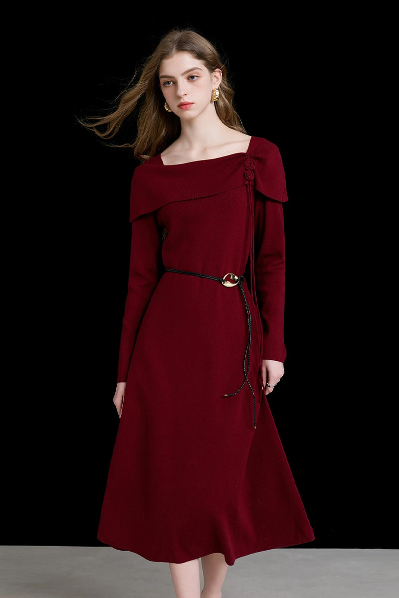 Burgundy Long Sleeve Square-Neck A-Line Sweater Dress Crimson Red / M