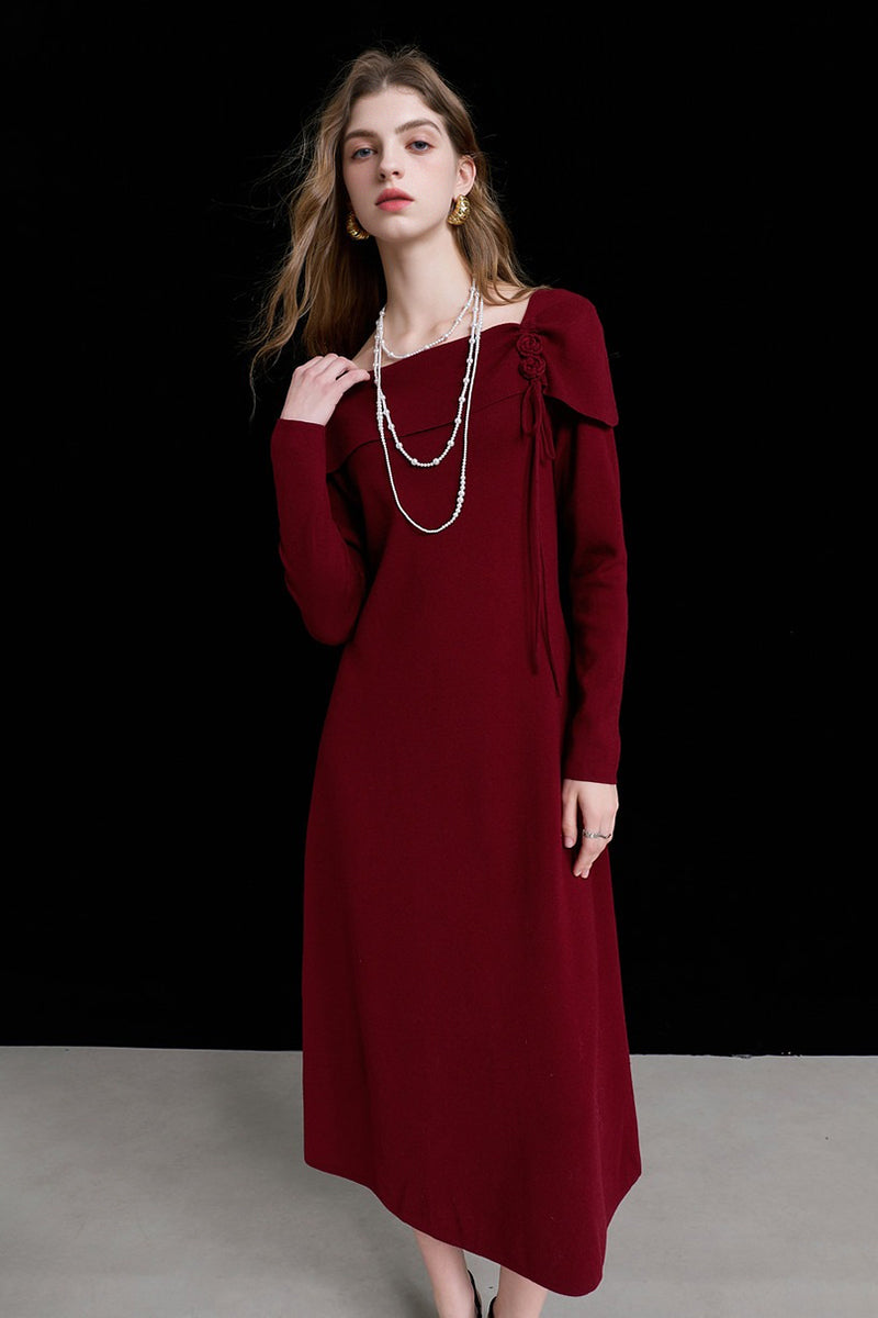 Burgundy Long Sleeve Square-Neck A-Line Sweater Dress Crimson Red / M