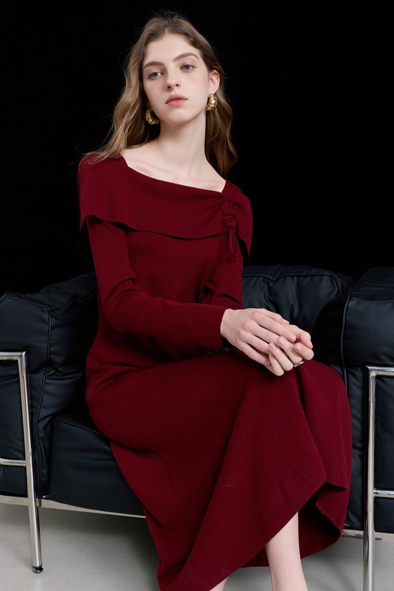 Burgundy Long Sleeve Square-Neck A-Line Sweater Dress Crimson Red / M