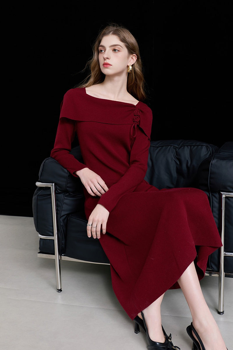 red long sleeve sweater dress Burgundy Square-Neck A-Line Crimson / M or no bra Size:L/US 8 padded Suzhoufashion Simple Peacock Green