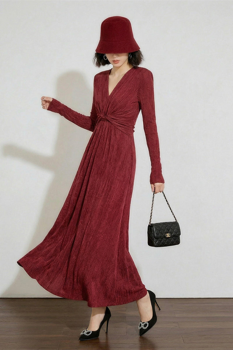 burgundy long sleeve maxi dress Twist-Front Brick Red / M Color:Black Royal aomeifashion Luxurious velvet fabric that Long Sleeve High Neck