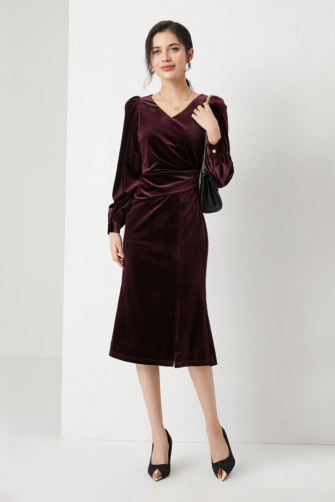 Burgundy Velvet Long Sleeve V-Neck Midi Dress Burgundy / ERROR Fibflx