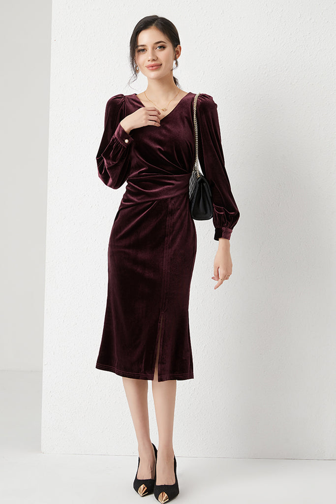 Burgundy Velvet Long Sleeve V-Neck Midi Dress  Fibflx