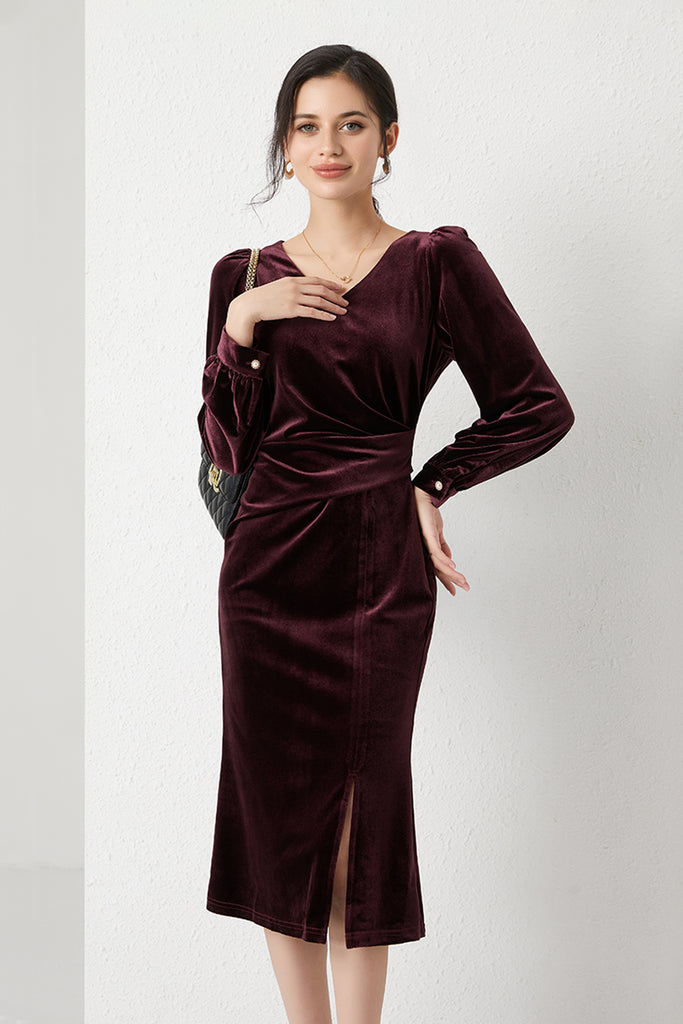 Burgundy Velvet Long Sleeve V-Neck Midi Dress  Fibflx