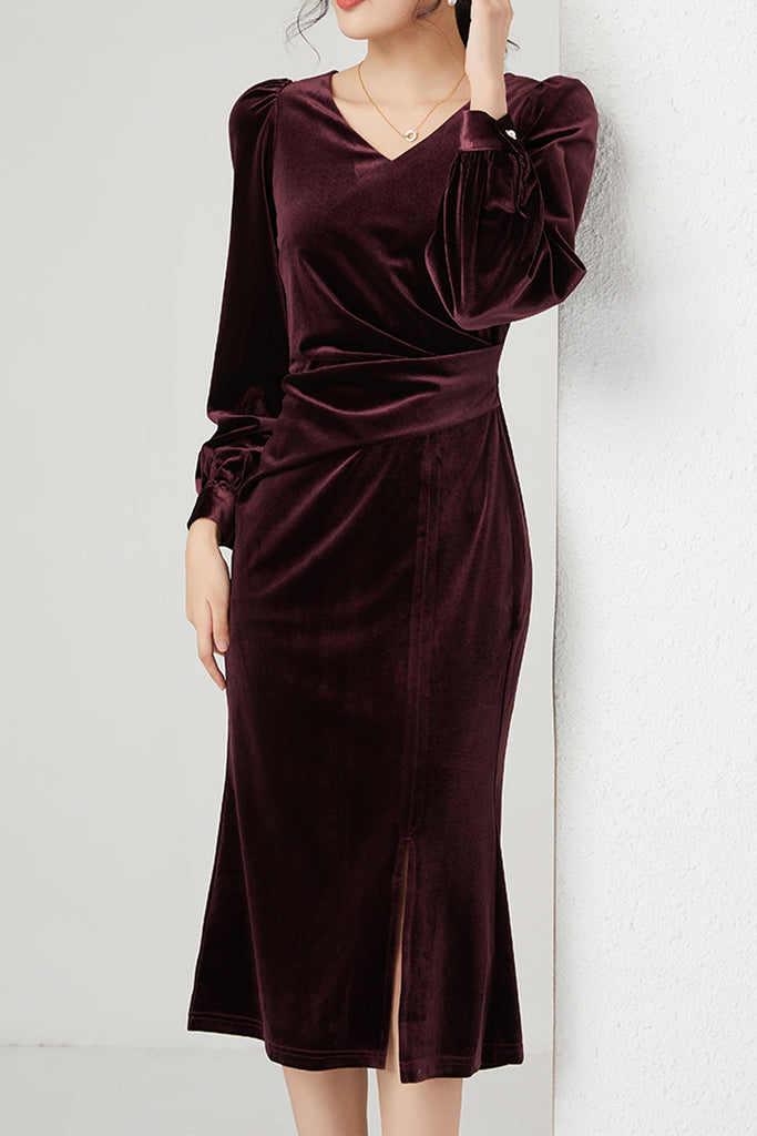 Burgundy Velvet Long Sleeve V-Neck Midi Dress  Fibflx
