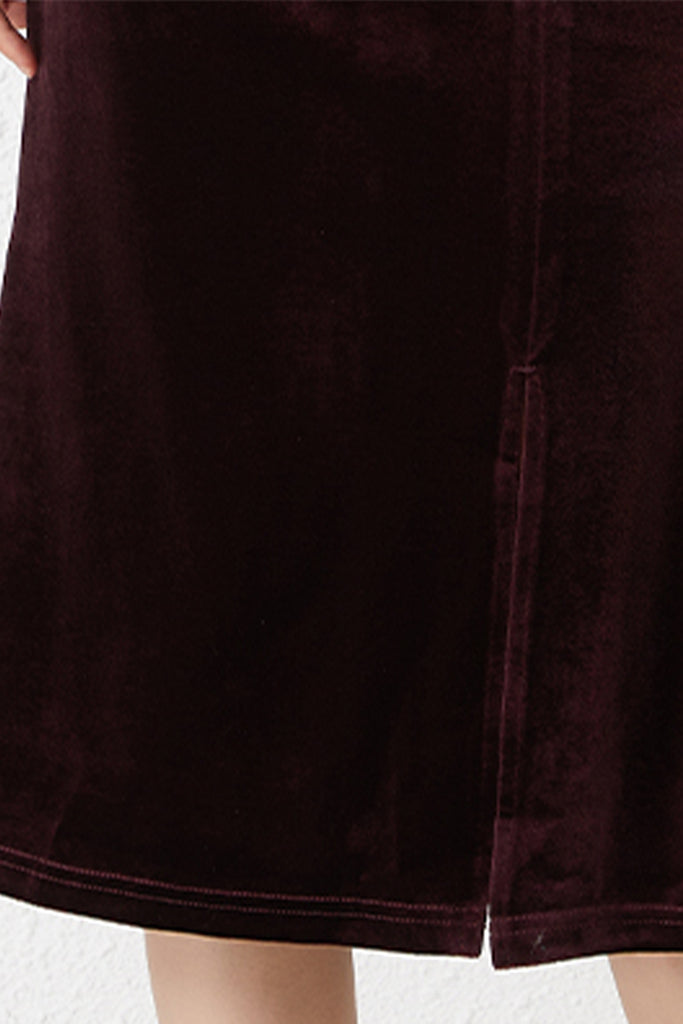Burgundy Velvet Long Sleeve V-Neck Midi Dress  Fibflx