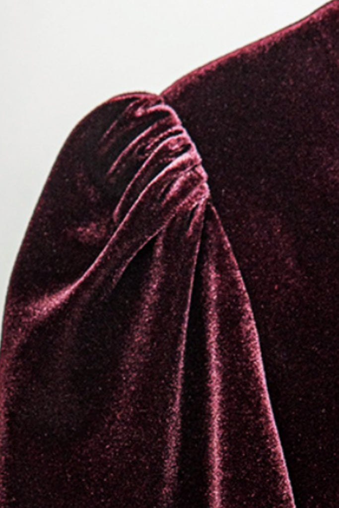Burgundy Velvet Long Sleeve V-Neck Midi Dress  Fibflx