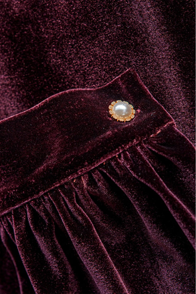 Burgundy Velvet Long Sleeve V-Neck Midi Dress  Fibflx