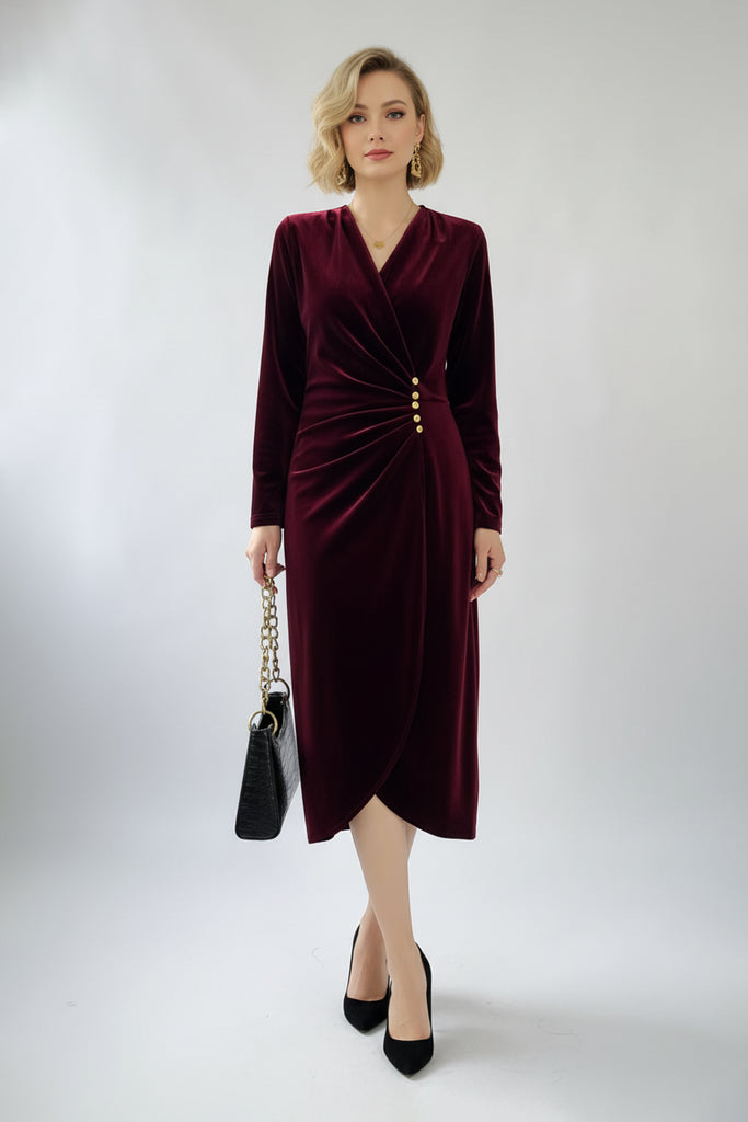 Burgundy Velvet Ruched Long Sleeve V-Neck Midi Dress Burgundy / L Fibflx