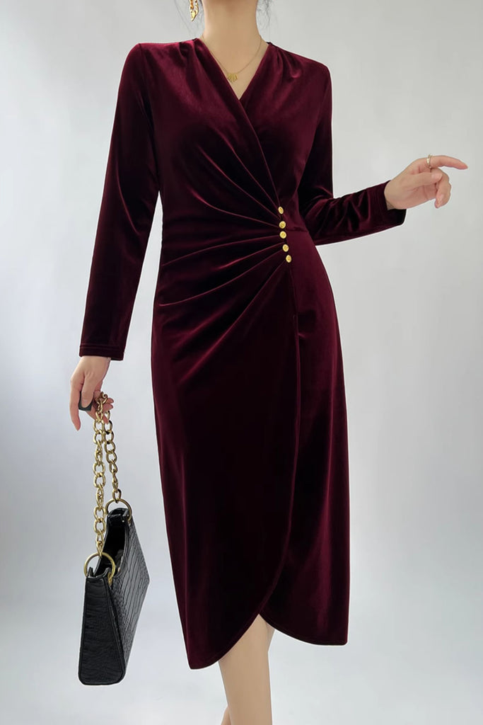 Burgundy Velvet Ruched Long Sleeve V-Neck Midi Dress  Fibflx