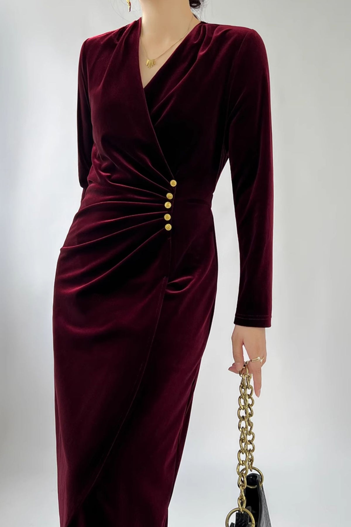 Burgundy Velvet Ruched Long Sleeve V-Neck Midi Dress Burgundy / S