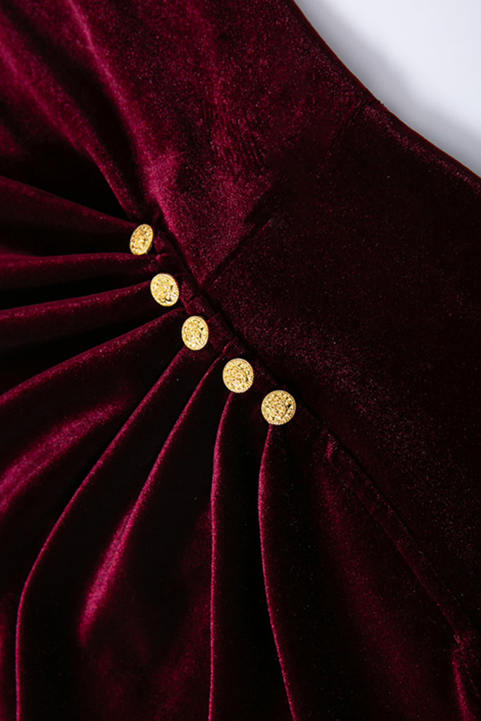 Burgundy Velvet Ruched Long Sleeve V-Neck Midi Dress  Fibflx