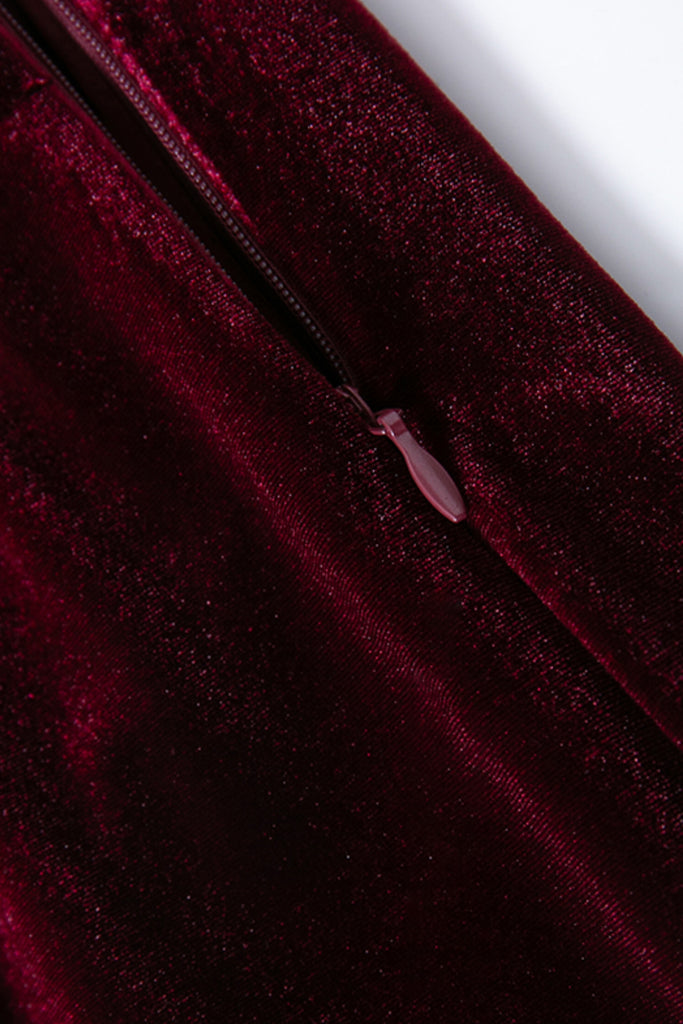 Burgundy Velvet Ruched Long Sleeve V-Neck Midi Dress  Fibflx