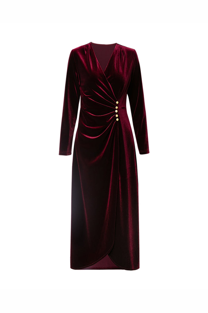 Burgundy Velvet Ruched Long Sleeve V-Neck Midi Dress  Fibflx