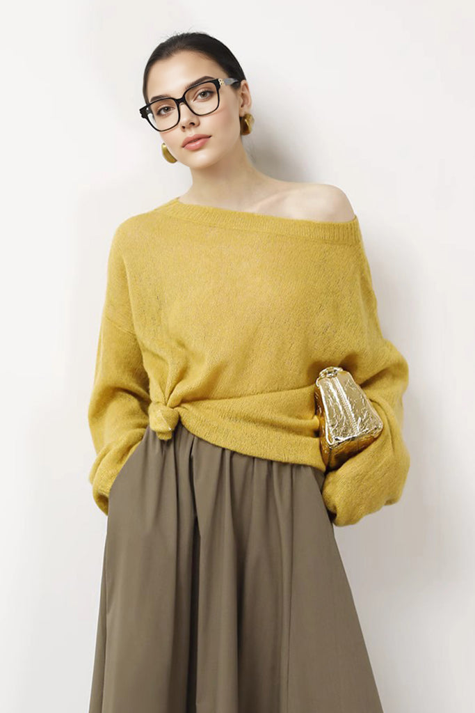 Cashmere-Silk Open Knit Off-The-Shoulder Sweater Desert Sunset Yellow / One Size (Relaxed fit for U Fibflx