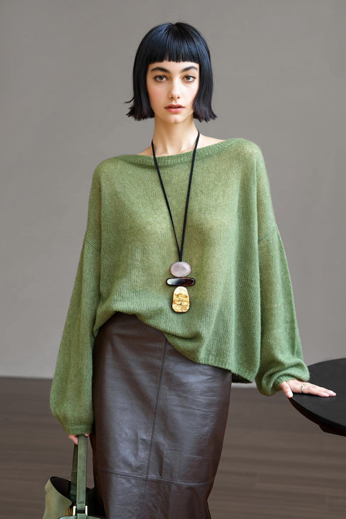 Cashmere-Silk Open Knit Off-The-Shoulder Sweater Forest Green / One Size (Relaxed fit for US 0–6) Fibflx