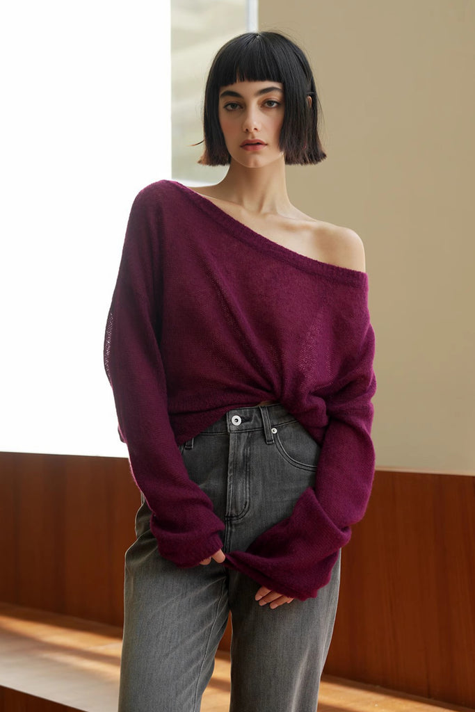 Cashmere-Silk Open Knit Off-The-Shoulder Sweater Raspberry Fuschia / One Size (Relaxed fit for US 0 Fibflx