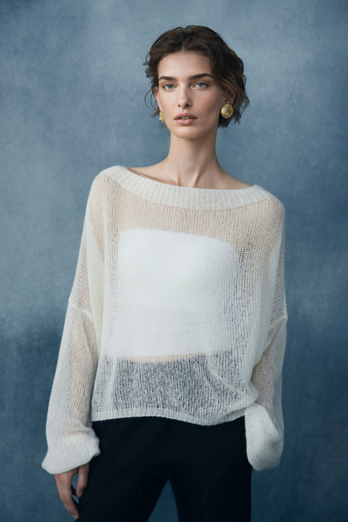 Cashmere-Silk Open Knit Off-The-Shoulder Sweater White / One Size (Relaxed fit for US 0–6) Fibflx