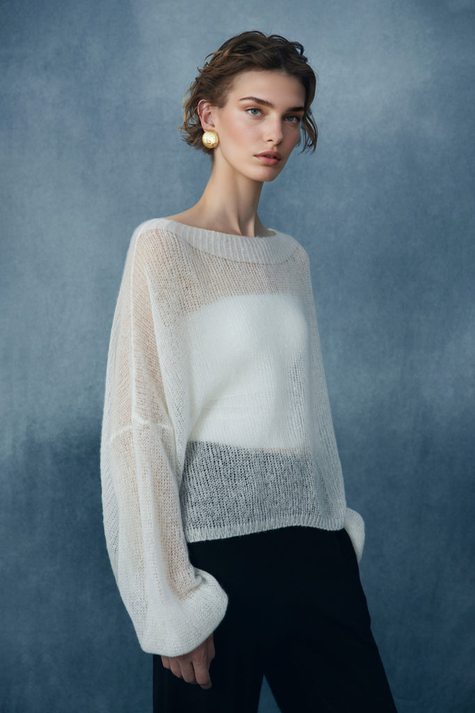 Cashmere-Silk Open Knit Off-The-Shoulder Sweater  Fibflx