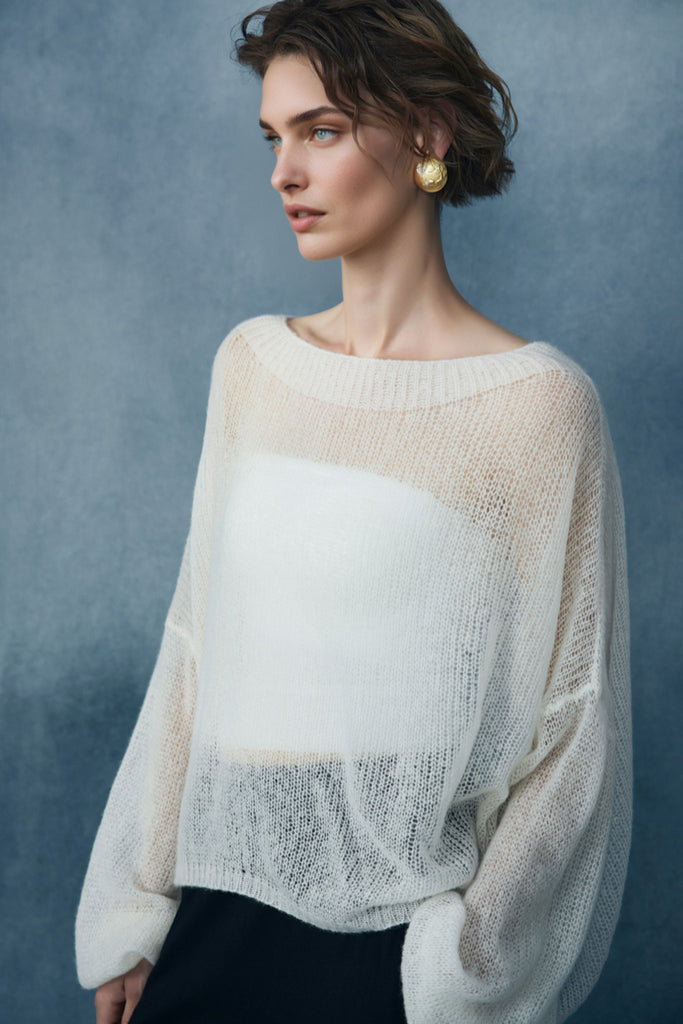 Cashmere-Silk Open Knit Off-The-Shoulder Sweater  Fibflx